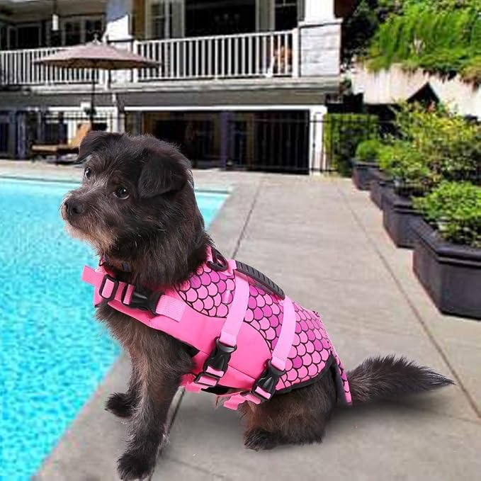 Dog Life Jacket Ripstop Shark Dog Safety Vest Adjustable Preserver with High Buoyancy and Durable Rescue Handle for Small,Medium,Large Dogs, Pink Fish X-Large