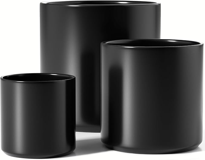 LE TAUCI 10+8+6 Inch Ceramic Pots for Plants, Indoor Planters with Drainage Hole and Plug, Modern Cylinder Flower Pots Set of 3 for Office and Living Room, Satin, Black