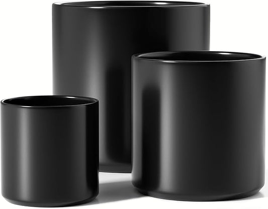LE TAUCI 10+8+6 Inch Ceramic Pots for Plants, Indoor Planters with Drainage Hole and Plug, Modern Cylinder Flower Pots Set of 3 for Office and Living Room, Satin, Black