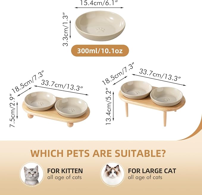 Havniva Cat Bowls Elevated 6” Ceramic Cat Bowl with Stand Whisker Friendly Shallow Cat Dishes, Cat Food & Water Bowl Set with Two Height Options, Anti-Slip Raised Cat Food Bowl for Kittens