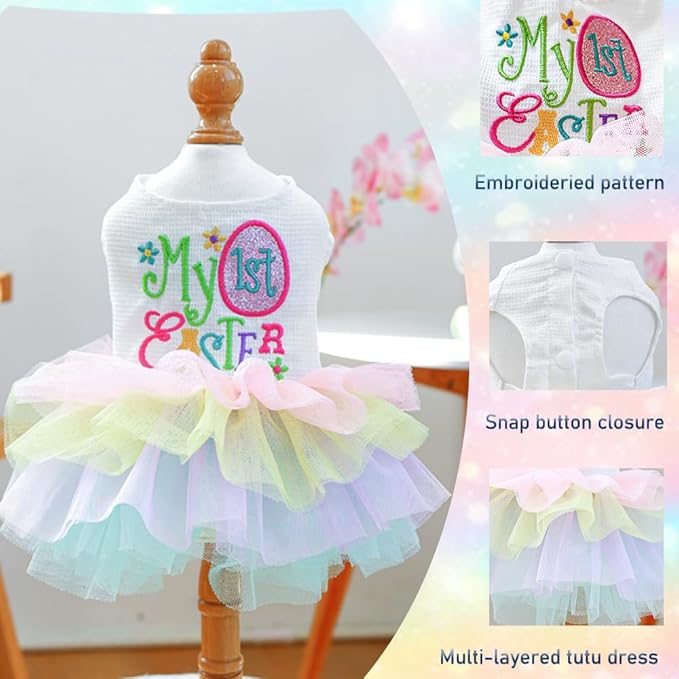 ANIAC Happy 1st Easter Dog Dress Girl Holiday Puppy Clothes for Small Dog Easter Cat Outfit Eggs Print Rainbow Doggy Princess Tutu Dress Pet Clothing (Small)