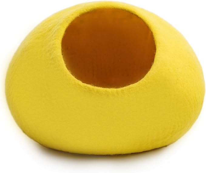 Luxurious Merino Wool Cat Cave - Foldable Hideaway Pod for Indoor Cats - Premium Felt Kitten Pet Enclosure - Covered Cat House for Ultimate Cozy Comfort by Woolygon (Yellow Plain)