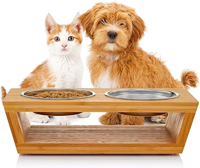4" Tall Elevated Dog Bowls for Small Dogs, Food and Water Bowl Set by Pawfect Pets (Natural Bamboo)
