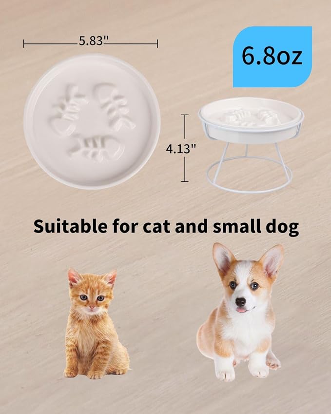 Ceramic Elevated Slow Feeder Cat Bowl, Anti Vomit, Removable Dish, White | Removable Ceramic Bowl Elevated Anti Vomit Whisker-Friendly Wet & Dry Food White Glazed Finish