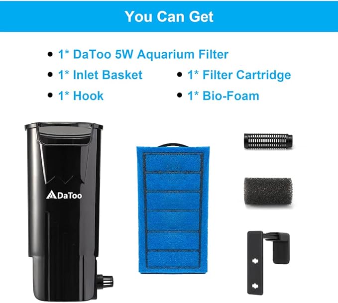 DaToo Aquarium Power Filter in-Tank Ultra Silent Small Fish Tank Filter 5W for Aquarium 10 to 20 Gallon Tank, 1 Yr Warranty