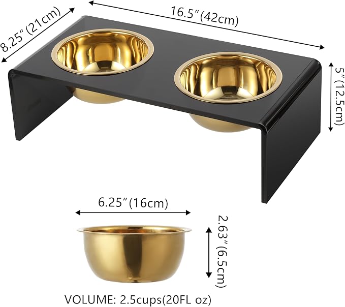 DBL2000B Keaton 5" Small/Medium Modern Lucite Rectangular Elevated Pet Feeder with 20oz 2-Stainless Steel Bowls, Black/Gold
