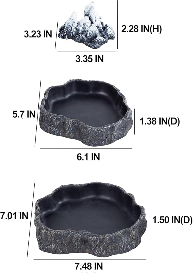 2 Pack Large Reptile Food Bowl and Water Bowl Set, Drowning Prevention Reptile Water Dish and Food Dish with Simulated Rockery, Terrarium Decoration Bowls
