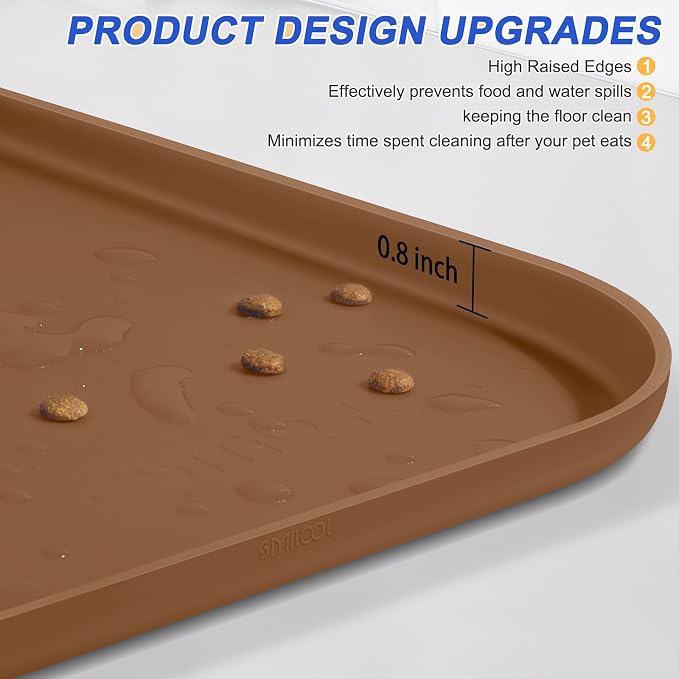 SMILOOL Waterproof Silicone Pet Food Mat with Raised Edge for Dog & Cat | 24" x 16" Non-Slip Pet Feeding Mats with Lip for Food & Water Bowl, Food Grade, Easy Cleaning, Brown