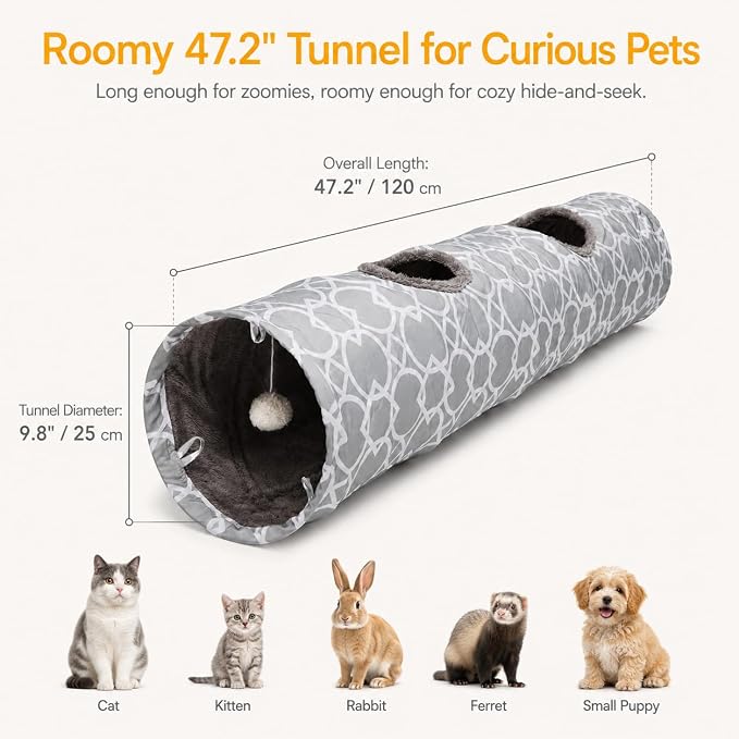 Geometric Straight Cat Tunnel with Plush Inside,Cats Toys Collapsible Tunnel Tube with Balls, for Rabbits, Kittens, Ferrets,Puppy, Diameter 9.8 Inch