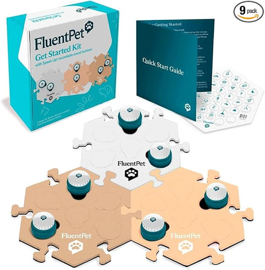 Speak Up Get Started Kit with Clearer Upward-Facing Sound - 6 Recordable Buttons for Dogs & 3 Beige HexTiles | Dog & Cat Communication Buttons Set | with Batteries