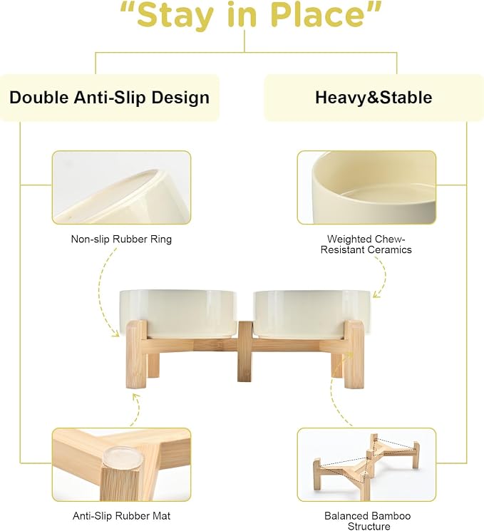 SPUNKYJUNKY Elevated Dog Bowls Ceramic, 5.1'' Dogs and Cat Food Water Bowls Raised with Non-Slip Bamboo Stand for Puppy Small Sized Breed Microwave Dishwasher Safe - 13.5 OZ,Beige
