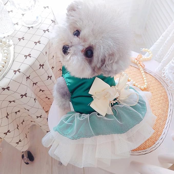 ANIAC Retro Dog Tulle Dress with Leash Ring Spring Summer Girl Puppy Clothes for Small Dog Cat Apparel Formal Pet Prom Dress for Christmas Wedding Birthday Valentines (Green,Large)