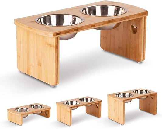 Elevated Dog Bowls, Bamboo Raised Dog Bowl for Medium Dogs, with 2 Stainless Steel Bowls (7'' Tall-40 oz Bowl)