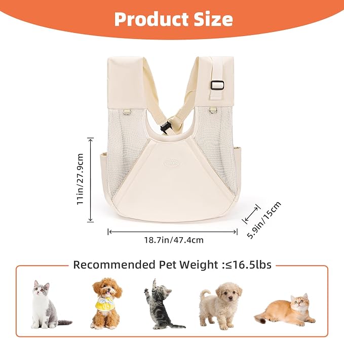 Wakytu Dog Sling Carriers,Pet Front Carrier for Small Dogs 2-in-1 | Hands Free Front Cat Carrier Backpack with Self-Locking Buckle, Removable Pad, Breathable Mesh, Up to 16 lbs