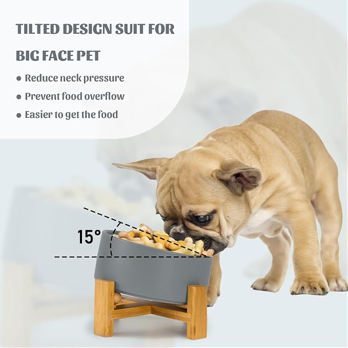 SPUNKYJUNKY 15° Slanted Ceramic Dog and Cat Bowl with Wooden Stand, Tilted Bulldog Food and Water Bowl No Slip Non-Spill for Cats Medium Dogs Big Face Pets 28.7 OZ (3.6 Cups, White-Grey)