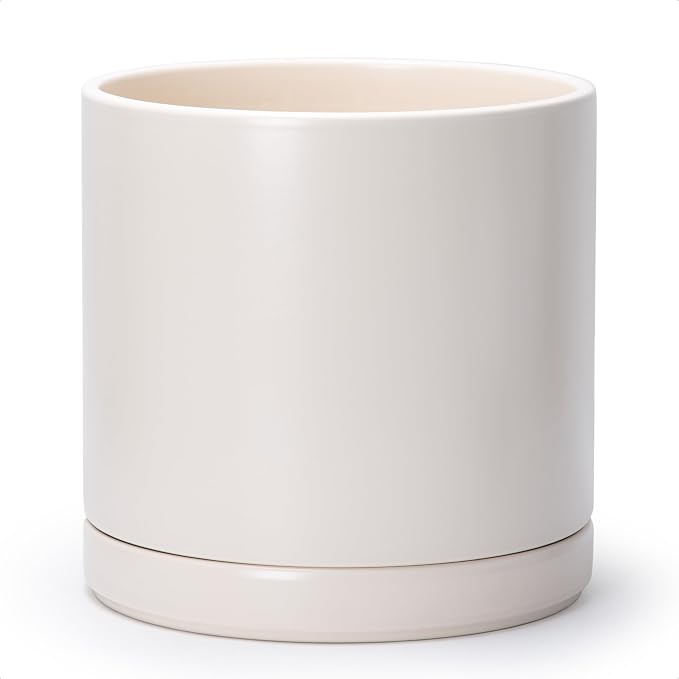 D'vine Dev 12 Inch Ceramic Planter Pot, Oatmeal, 94-O-F-8 | Modern Cylinder Design, Drainage Hole & Saucer Included, Stable Structure, Elegant Home Accent