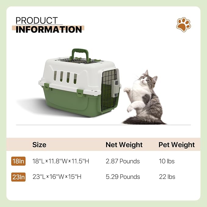 Athena Collection 18" Hard-Sided Travel Pet Carrier for Small Dogs and Cats | Plastic Dog Carriers with 2-Door Top & Front Load, Ventilation, Security Lock, Cat Dog Carrier for Pet, up to 10lbs, Green