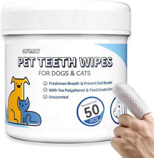 Opdent No-Rinse Dog Teeth Cleaning Wipes - Cat & Dog Fresh Breath Pet Dental Finger Wipes, Dog Toothbrush Dental Wipes to Easy Remove Plaque & Tartar, Gently Cleans Discharge (50 pcs, Unscented)