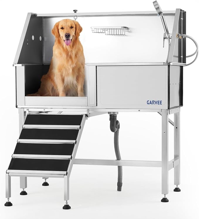 Garvee 46 Inch Stainless Steel Dog Washing Station with Walk-in Ramp, Heavy Duty Pet Grooming Bathtub, Brushed Finish, Left Door Options