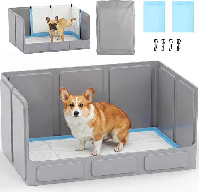 Dog Litter Box with High Walls, Foldable Pee Pad Holder, 33×22×16" | Waterproof No-Spill Indoor Dog Potty Tray, No Assembly Required, Easy to Clean and Fold, for Small and Medium Dogs, Gray
