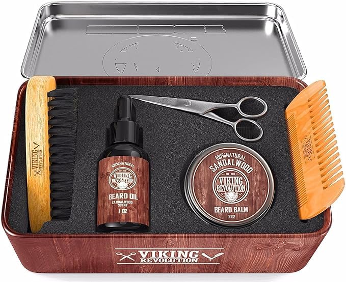 Viking Revolution Ultimate Grooming Kit for Men - Boar Brush, Wood Comb, Sandalwood Balm & Oil, Scissors for Beard & Mustache (Pack of 2)
