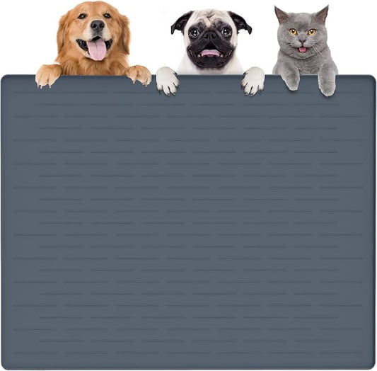 Largest Dog Food Mat, 39.5"x29.5" Silicone Dog and Cat Mat for Food and Water Bowls, Thinken Waterproof Non-Slip XXXL Pet Feeding Mat for Floors (Grayish Blue)