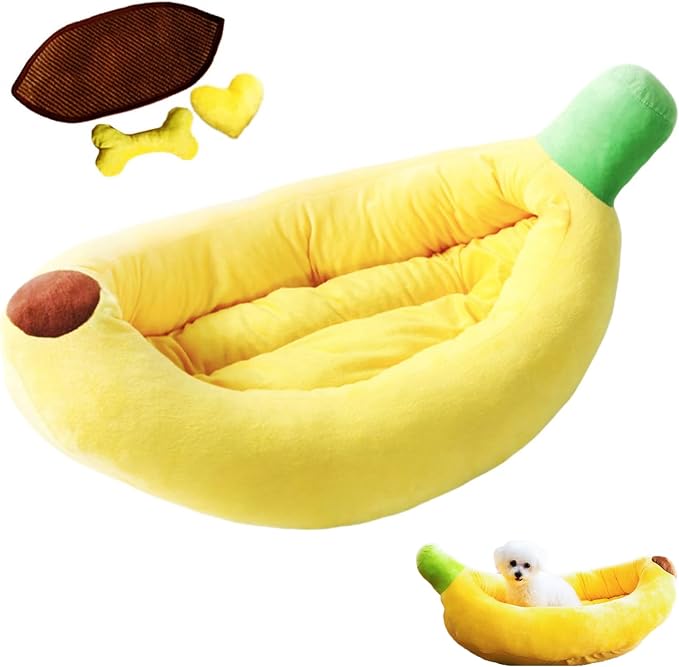 Banana Pet Bed for Small Dogs and Cats, Cozy Enclosed Calming Cave Bed with Removable Plush Cushion for Indoor Kittens Puppies Small Pets (Banana Bed + Blanket + Bone Toy, X-Large)
