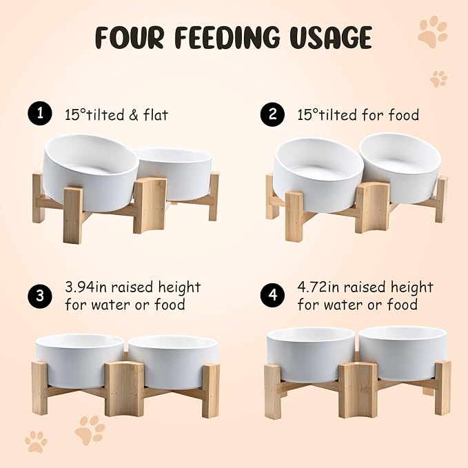 SPUNKYJUNKY 15° Slanted Ceramic Dog and Cat Bowl with Wooden Stand, Tilted Bulldog Food and Water Bowl No Slip Non-Spill for Cats Medium Dogs Big Face Pets 28.7 OZ (3.6 Cups, White × 2)