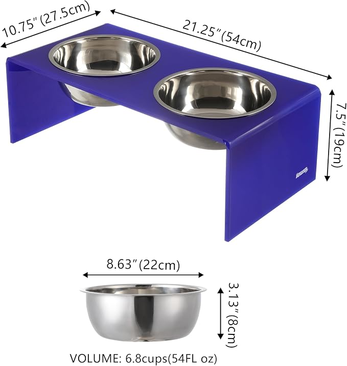 DBL2001F Keaton 7.5" Medium/Large Modern Acrylic Rectangular Elevated Pet Feeder with 54oz 2-Stainless Steel Bowls, Purple/Chrome