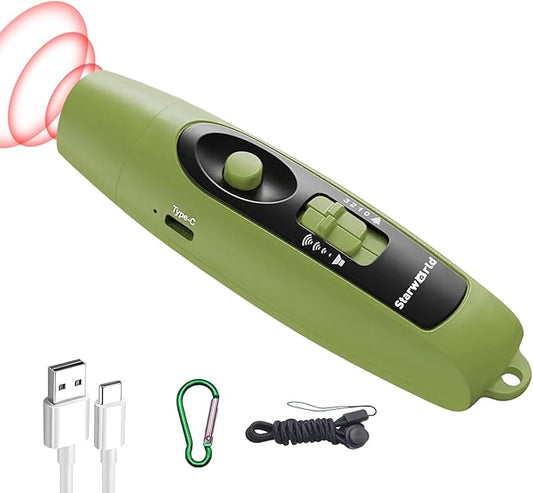 StarWorld Rechargeable Bear Horn - 120dB Electronic Air Horn for Bears with 4 Volume Levels & 3 Tones, Audible 0.5 Miles, LED Safety Light for Hiking, Camping, Wildlife Defense (Green)