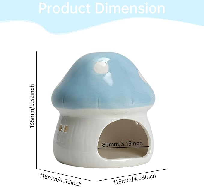 AnRui Ceramic Mushroom Aquarium Decor Cute Mini House Betta Fish Tank Accessories Decoration Hideaway Hideout Cave Ornament for Small Fish, Shrimp, Goldfish and Reptiles (Blue, Large)