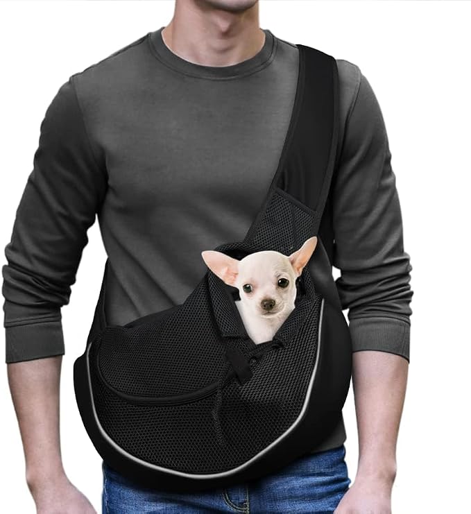YUDODO Pet Sling Carrier for 5-9 lbs Small Dogs Cat Puppy Crossbody Carrier | Hands-Free, Safety Hook, Large Zipper Pocket, Soft Breathable Mesh, Adjustable Strap, Reflective Strip, Black2.0, M