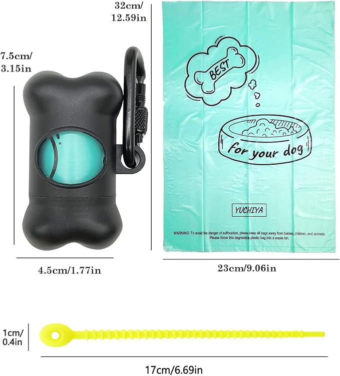 Dog Poop Pickup Bags Holder Dispenser with Standard-Sized Leak-Proof Scented Doggy Waste Bags and Carabiner with Safety Lock&Fastener Never Loose on Leash Lead Again (2 Holders 30 Bags, Black)