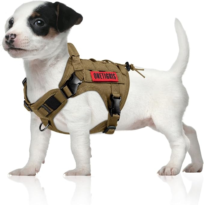 OneTigris Tactical Dog Harness with Handle No-Pull Adjustable for Small Dog | Military 1000D Pullable Nylon, Service Dog Vest with Hook & Loop Panels, Easy On & Off for Walking Hiking Training Brown XS
