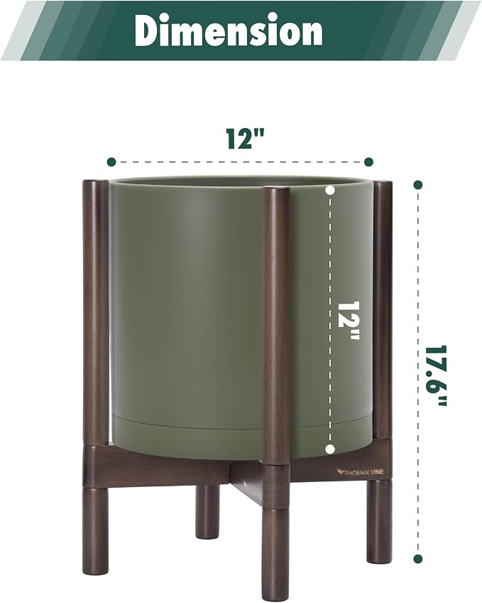 D'vine Dev Plastic Pot with Walnut Wood Stand, Olive, 12 in, 55-C-O-3 | Mid-Century Inspired Design, Elevated Plant Display, Clean Lines, Sturdy Support, Modern Space-Saving Style