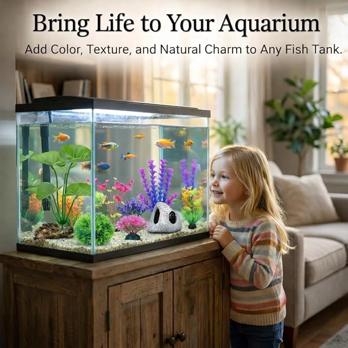 9 Pack Fish Tank Decorations Set Aquarium Decor Rock Cave Hideout, Artificial Aquarium Plants Plastic Betta Leaf Hammock Goldfish Betta Fish Tank Accessories Small Large Fish Bowl Ornaments