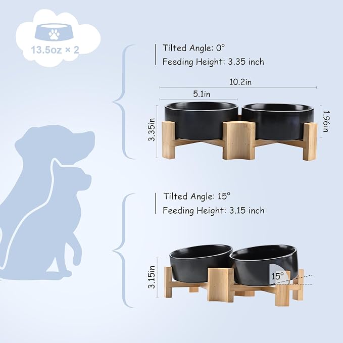 SPUNKYJUNKY 15° Slanted Ceramic Dog and Cat Bowl with Wooden Stand, Tilted Bulldog Food and Water Bowl No Slip Non-Spill for Cats Medium Dogs Big Face Pets 13.5 OZ (1.7 Cups, Black × 2)