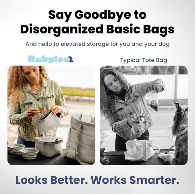 Puffer Dog Travel Bag for Dog Moms, Diaper Bag with Travel Bowls | 2 BPA-Free Collapsible Bowls, 2 Pet Food Containers, 9 Pockets, Everyday Puffer Bag Works With or Without Your Dog, Khaki