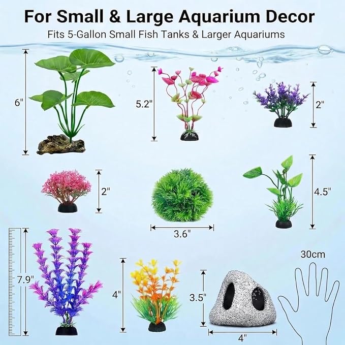 9 Pack Fish Tank Decorations Set Aquarium Decor Rock Cave Hideout, Artificial Aquarium Plants Plastic Betta Leaf Hammock Goldfish Betta Fish Tank Accessories Small Large Fish Bowl Ornaments