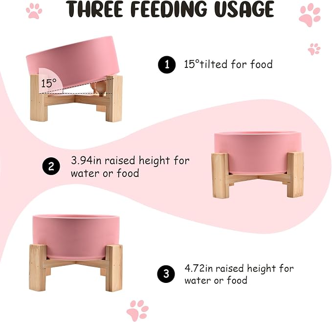 SPUNKYJUNKY 15° Slanted Ceramic Dog and Cat Bowl with Wooden Stand, Tilted Bulldog Food and Water Bowl No Slip Non-Spill for Cats Medium Dogs Big Face Pets 28.7 OZ (3.6 Cups,Pink)