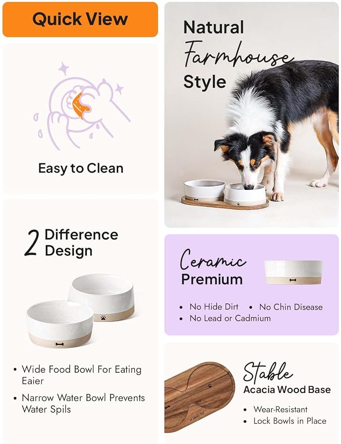LE TAUCI PET Ceramic Dog Bowls for Medium and Small Dogs - 3.2 Cup Weighted Non-Slip Food and Water Bowls with Acacia Wood Tray, Pet Bowl Set of 2