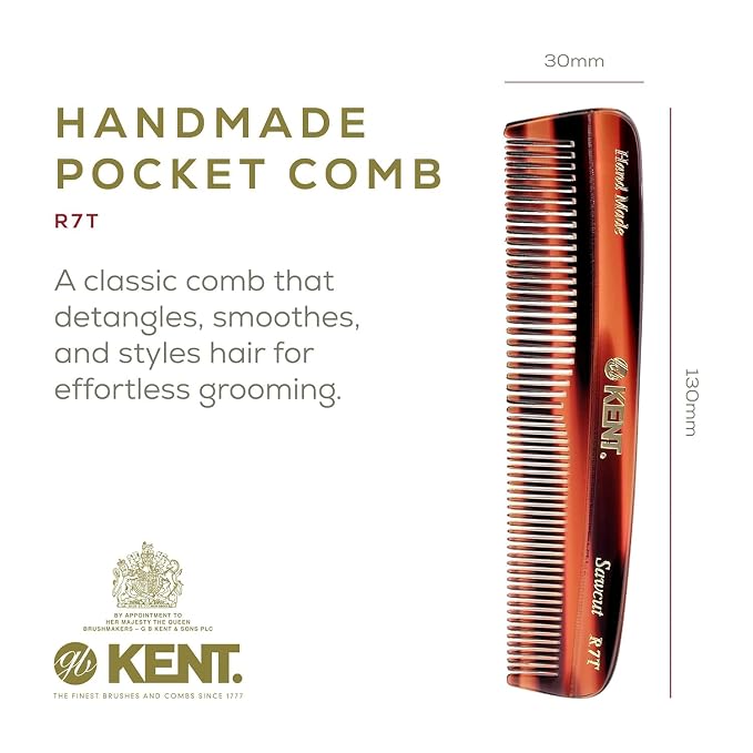 Kent R7T Fine and Wide Tooth Hair Comb, Handmade Pocket Comb for Men, Best Beard and Mustache Comb for Everyday Grooming and Styling, Sawcut, Made in England