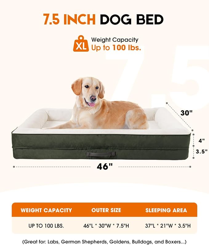 Upvilla Orthopedic Dog Bed XL, Four-Sided Dog Sofa, Washable Cover, Green | Removable Waterproof Dog Bed Cover, Egg-Crate Orthopedic Foam, Built-In Carry Handle, Indoor Large Pet Beds, Cat Beds