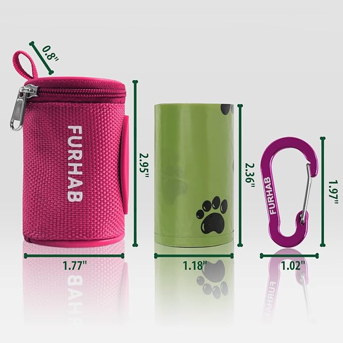 FURHAB Dog Poop Bag Holder for Leash Doggie Waste Bag Dispenser Soft Fabric Puppy Potty Carrier Small Doggy Zipper Pouch with Carabiner Clip 1680D Nylon Oxford with 1 Roll of Pet Trash Bags, Rose Red
