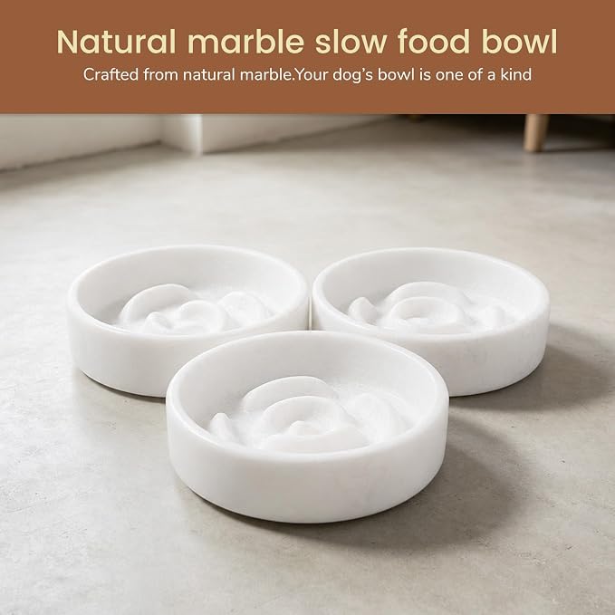 Karibiber Marble Slow Feeder Dog Bowl, White Puppy Puzzle Dish for Small Dogs Cats, Heavy Non-Slip Stone Dog Food Bowl, Anti-Choke Bloat Stop Maze