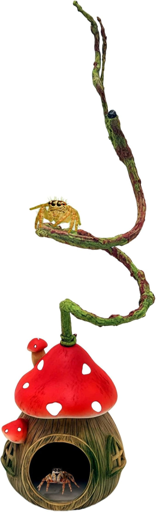 Jumping Spider Hide with Bendable Vine – Mushroom Cave for Tarantula, Gecko & Tree Frog – Reptile Terrarium Decor for Spider Enclosure & Reptile Tank (4"x4"x12")
