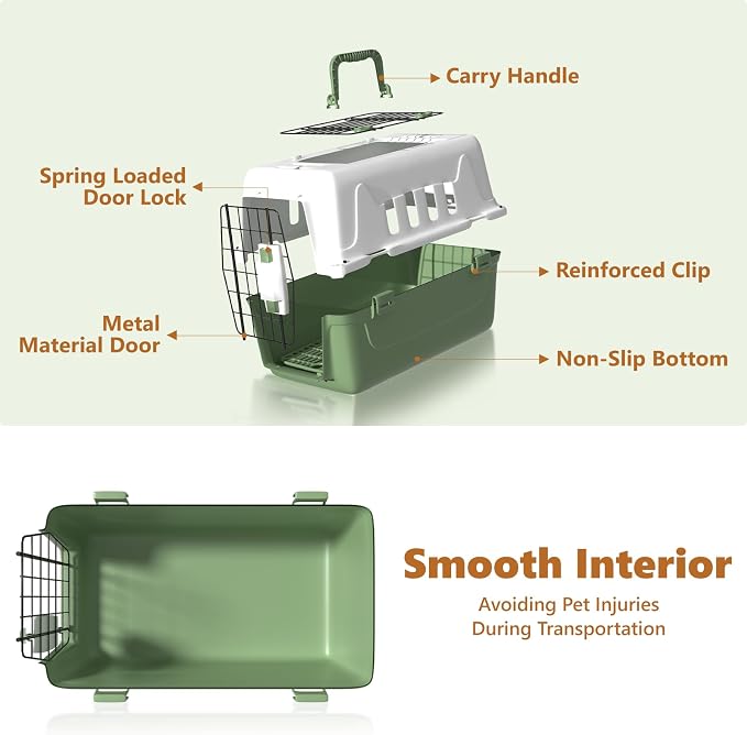 Athena Collection 18" Hard-Sided Travel Pet Carrier for Small Dogs and Cats | Plastic Dog Carriers with 2-Door Top & Front Load, Ventilation, Security Lock, Cat Dog Carrier for Pet, up to 10lbs, Green