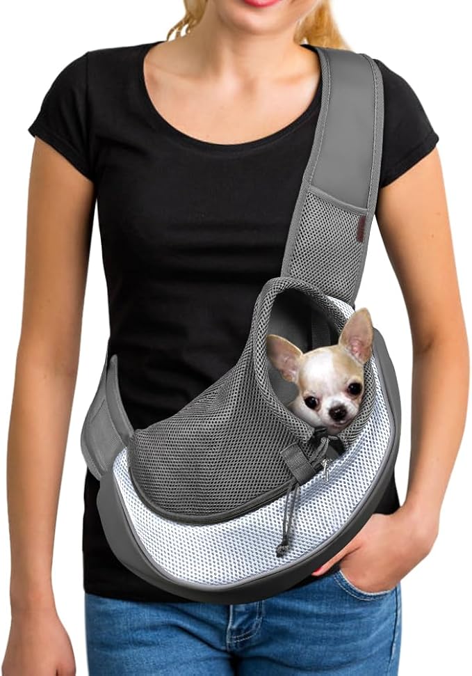 YUDODO Pet Sling Carrier for 5-9 lbs Small Dogs Cat Puppy Crossbody Carrier | Hands-Free, Safety Hook, Large Zipper Pocket, Soft Breathable Mesh, Adjustable Strap, Reflective Strip, Grey, M