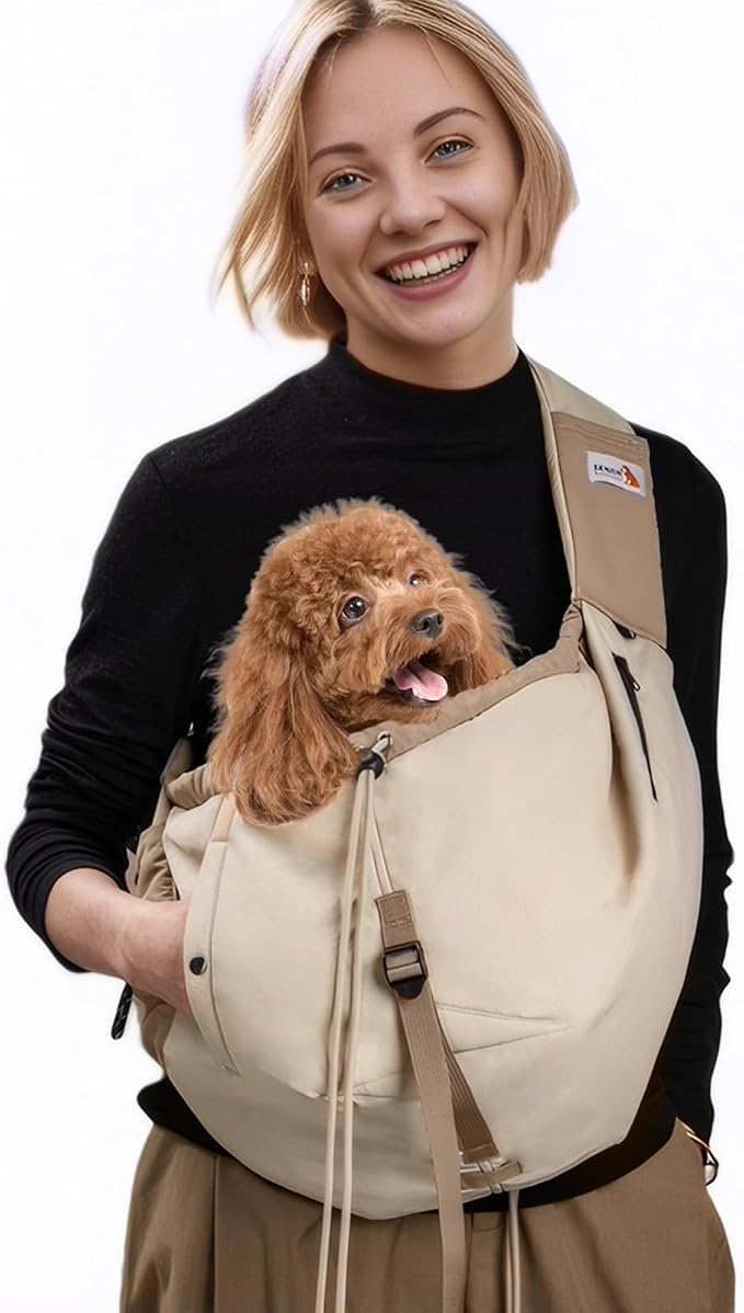 Dog Carrier Sling, Dog Carriers for Small Dogs Up to 20lbs, Beige | Puppy Sling, Cross Body Carrying Bag, Soft Front Pouch, Adjustable Shoulder Strap, Breathable Mesh Pet Backpack for Hiking