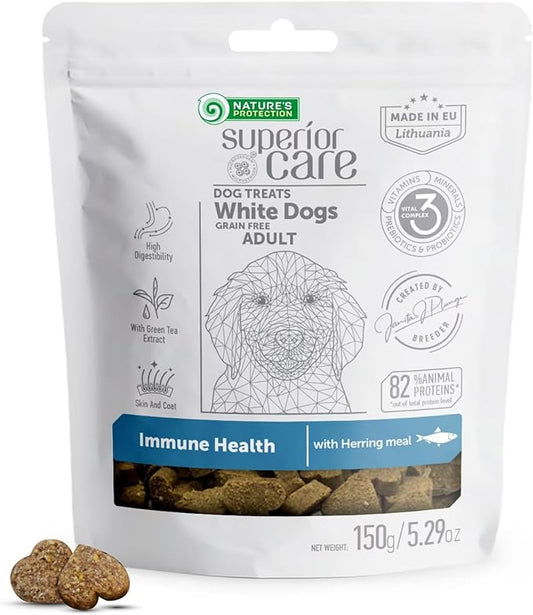 Nature's Protection Grain Free Low Calorie Dog Treats - Functional Treats for Immunity, Training Treats for Small, Medium & Large Breed Adult Dogs with Light Fur (Superior Care - Herring, 5.29 oz)